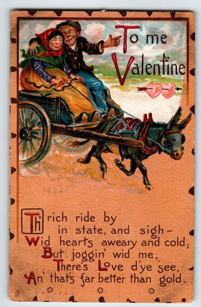 Valentines Day Postcard Tuck Series 4 Man Women Donkey Buggy Cart Vintage 1910