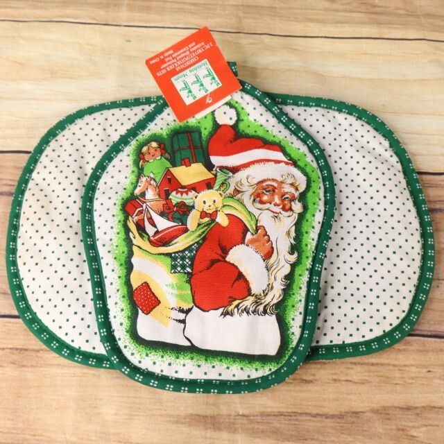 Vintage Holiday Magic Christmas Trivet Potholder Set Santa Claus