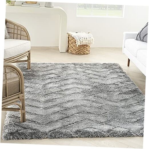 Luxurious Shag Abstract Grey 4' x 6' Area Rug, Easy Clean, Non Shedding, Bed