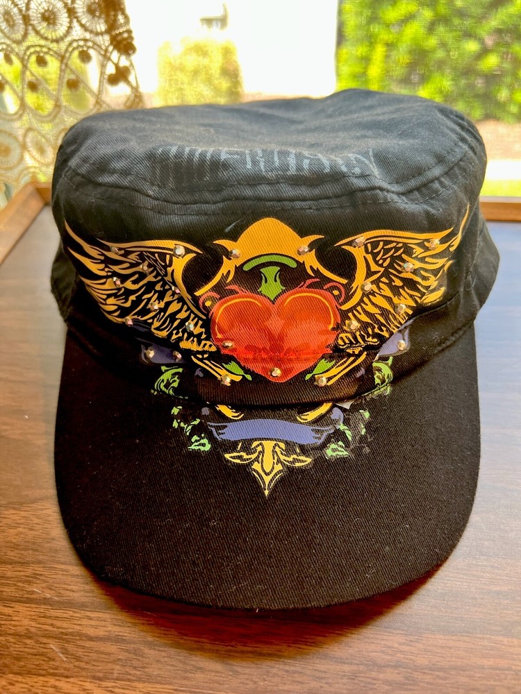 American Tattoo Black Hat with Clear Rhinestones and Eagle Heart Baseball Cap Design