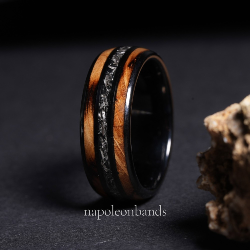 Men’s Black Tungsten Wedding Band Whiskey Barrel Wood Meteorite Ring 8mm