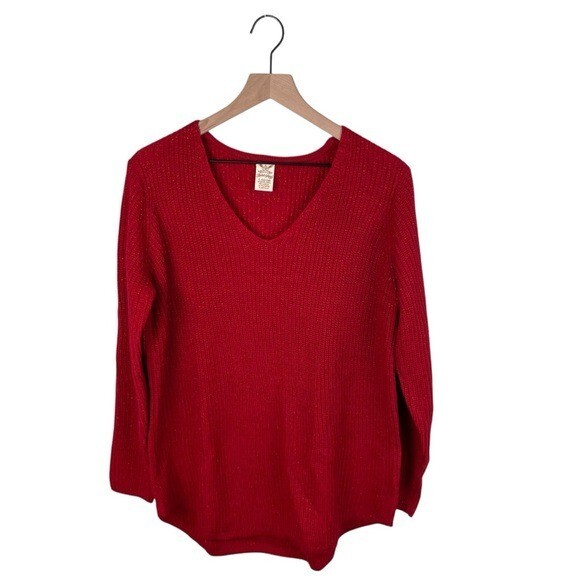 Faded Glory Ribbed Knit V-neck Sweater Metallic Thread Bright Red Size Large