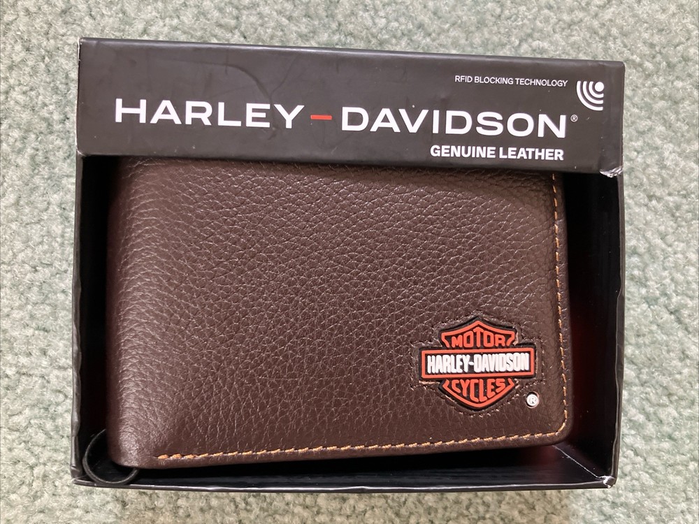 NIB Harley-Davidson Brown Bifold w/Logo & Inside Snaps Genuine Leather RFID