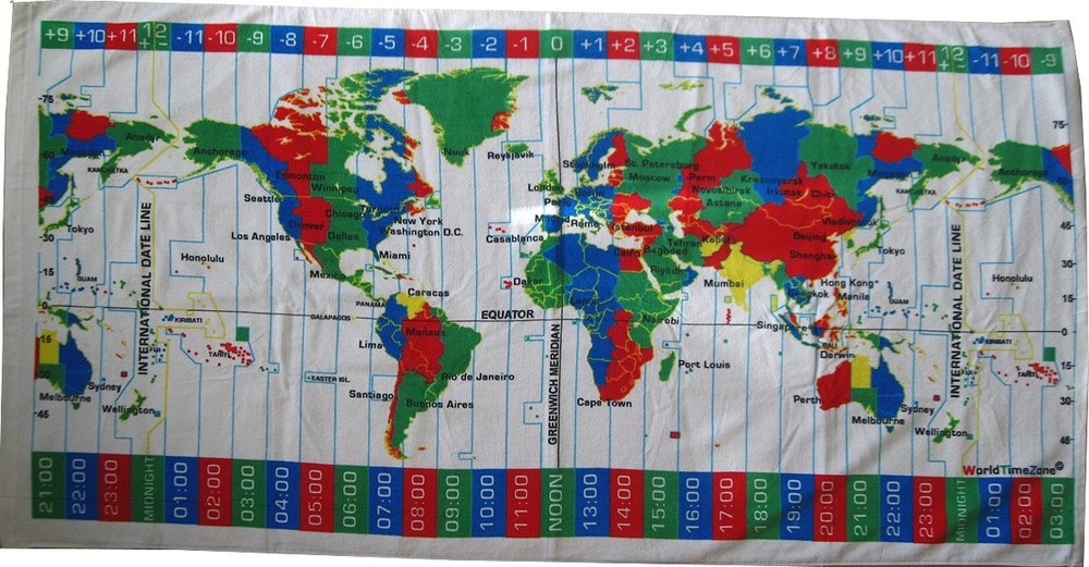 White Velour Beach Towel 30x60 Inches with World Time Zones