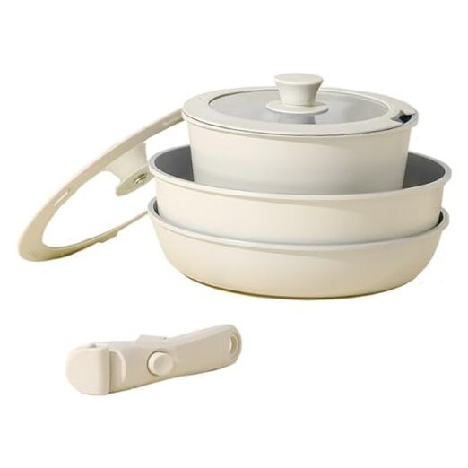 Nonstick Granite Pots and Pans Set with Detachable Handles 6-Piece Cream White