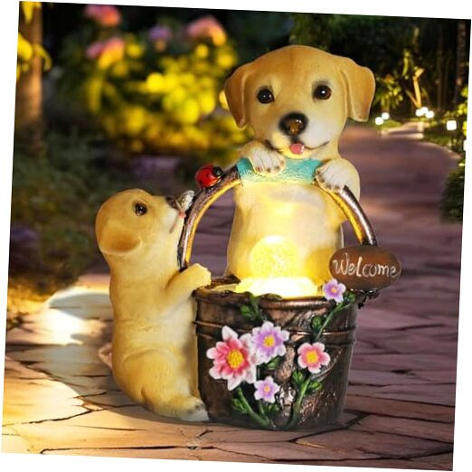 Solar Garden Outdoor Statues Dogs with Bucket Solar Lawn Decor Cute Puppy