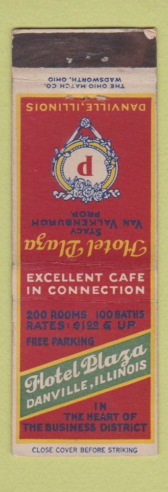 Vintage Matchbook Cover from Hotel Plaza Danville Illinois