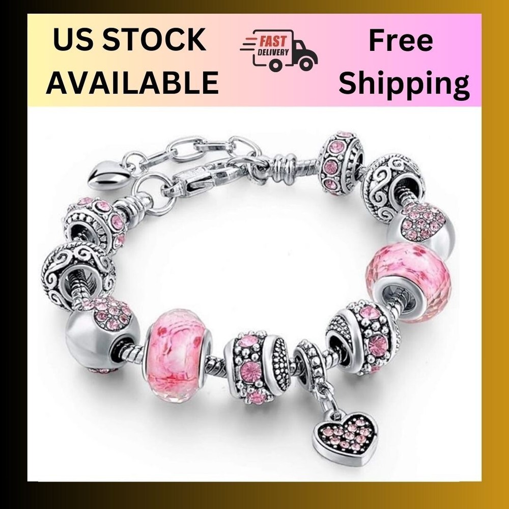 Pandora Silver Bracelet featuring Crystal Heart and Love European Charms