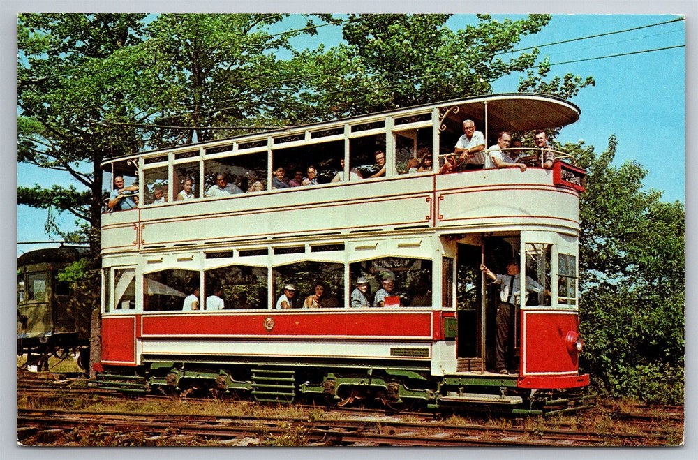 Vintage Seashore Trolley Museum Double Decker Tram Postcard Kennebunk ME S6