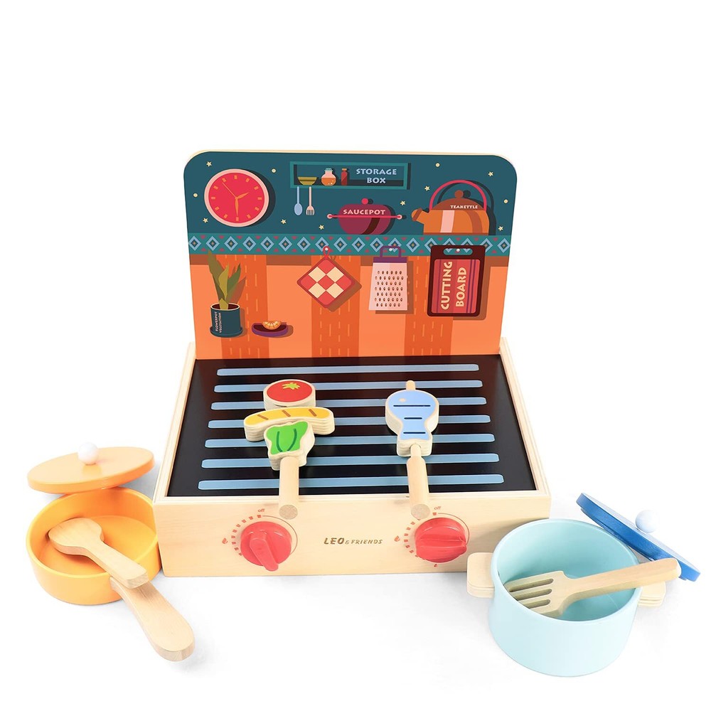 2-in-1 Mini Kitchen Wooden Play Set with 15-Pieces - Play-Pretend Toy for Gir...