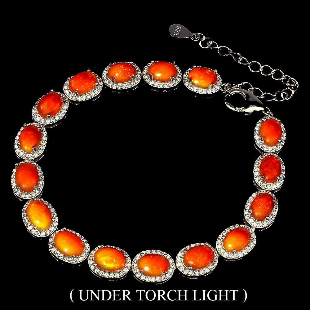 Silver Bracelet Orange Opal Genuine Natural Gems Sterling 6 1/2 to 8 1/2 Inch