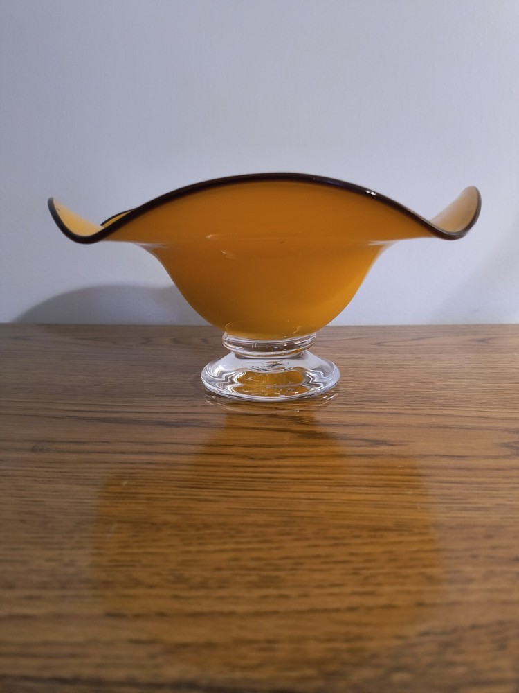 TELEFLORA Ruffled Tango Art Glass  Orange Pedestal  Bowl  Dish Vintage