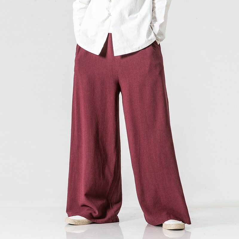 Men's Vintage style Chinese Loose Fit Trousers Straight Wide leg Pants Linen New