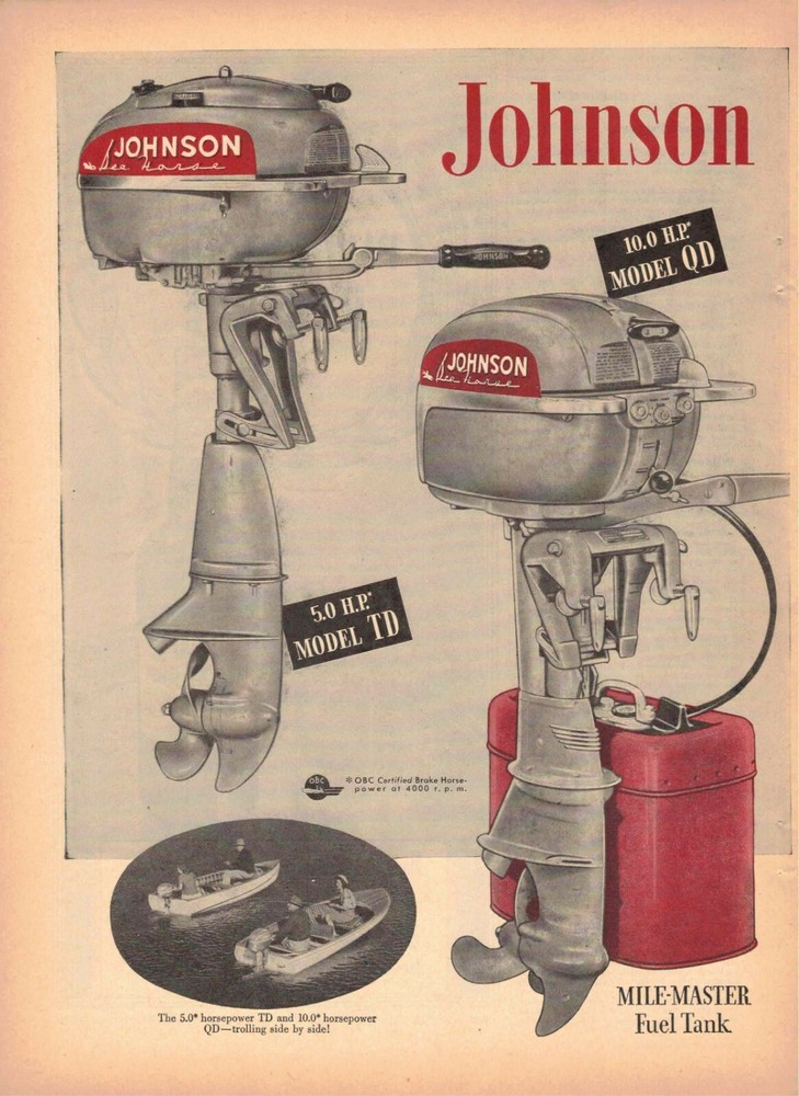 Johnson Sea Horse Outboard Motor 1949 2 pages Great Fishing Waukegan IL