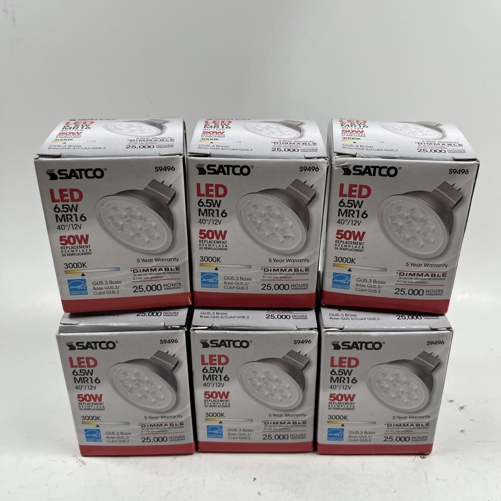 6 Pack Satco S9496 40 Degree Flood FL LED 6.5W =50W 12V MR16 2-Pin GU5.3 3000K