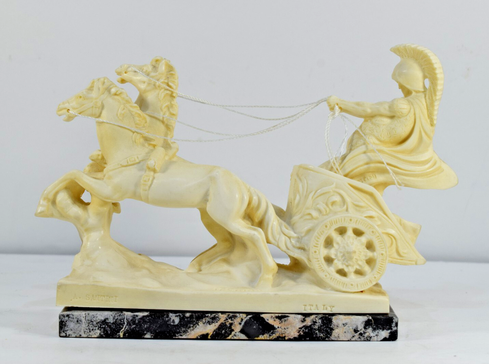 A Santini Classic Figure Roman Gladiator Horse Chariot Sculpture Alabaster Italy