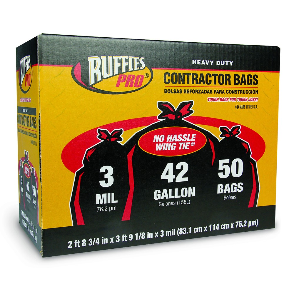 Ruffies Pro, 42 Gallon Contractor Trash Bag Wing Tie 50 ct black, Capacity 42