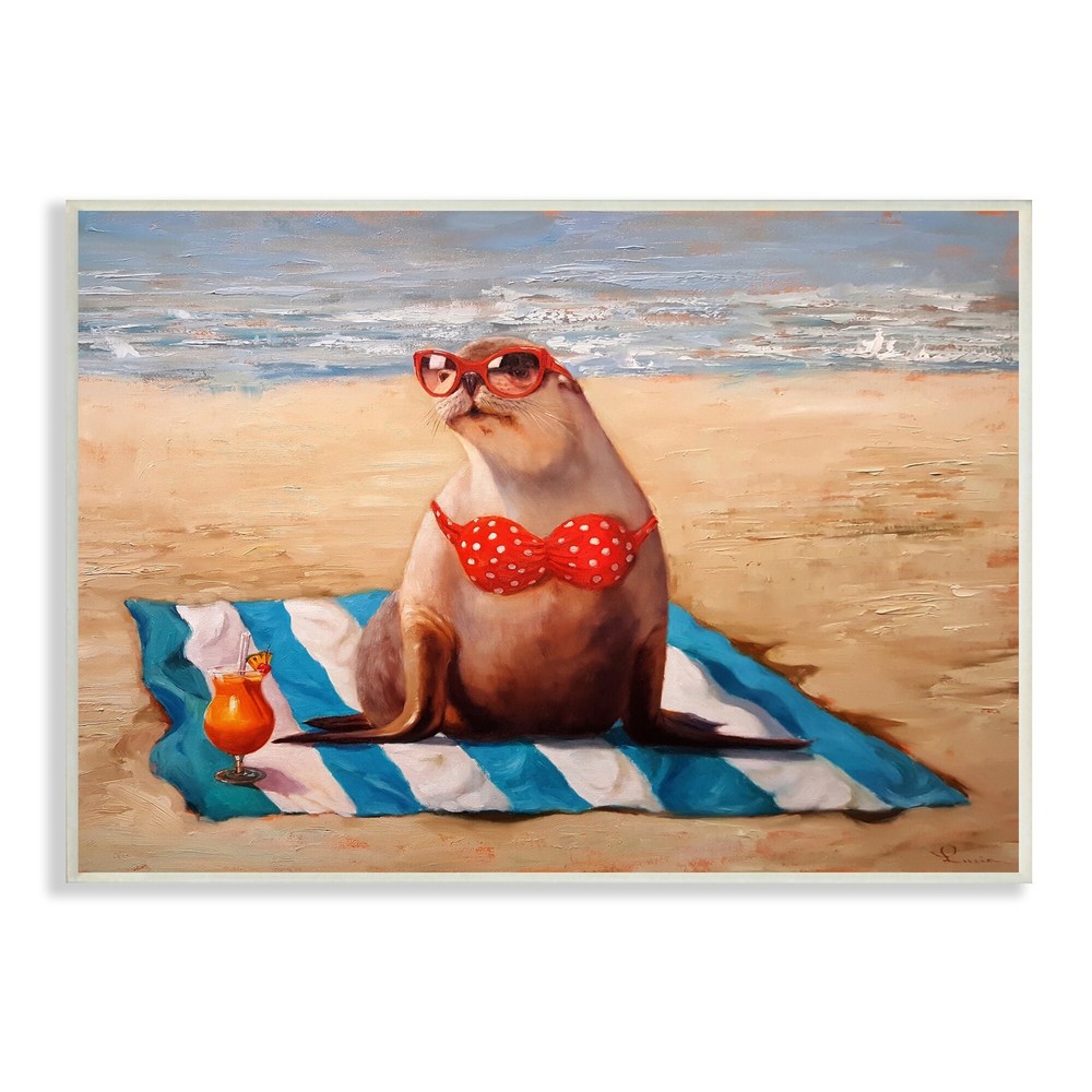 Stupell Polka Dot Bikini Sea Lion Tropical Drink Beach Scene