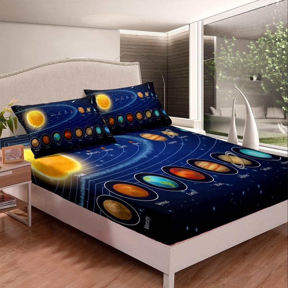 Solar System Fitted Sheet Space Galaxy Bed Sheet Set Eight Planets Astronomy Bed