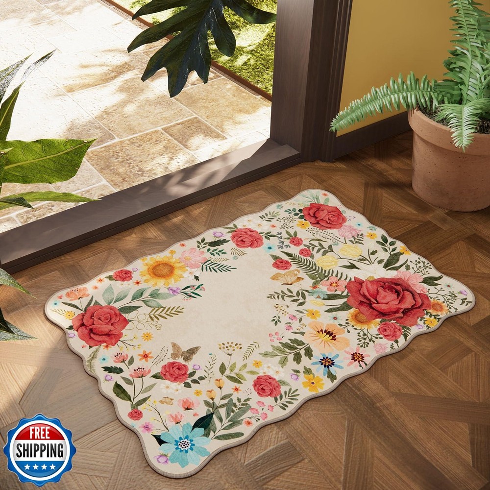Boho Vintage Floral Washable No-Slip Entryway Rug 2x3 Indoor