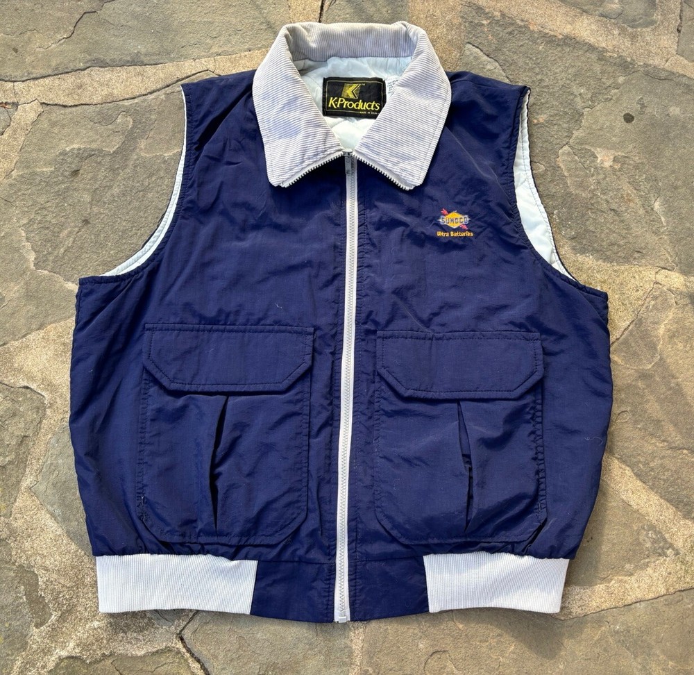 90s Vintage K-products SUNOCO Vest.corduroy Collar.nylon/XL.made USA.boxy/crop