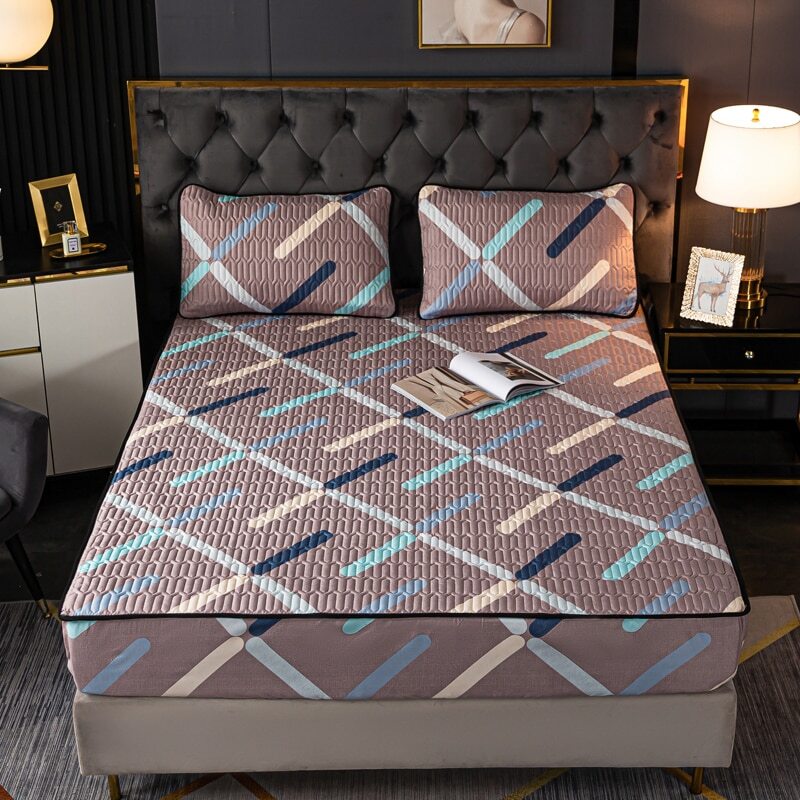 Mattress Cover Quilted Fitted Bed Sheet Printed Non-slip Sheet +2pcs Pillowcases