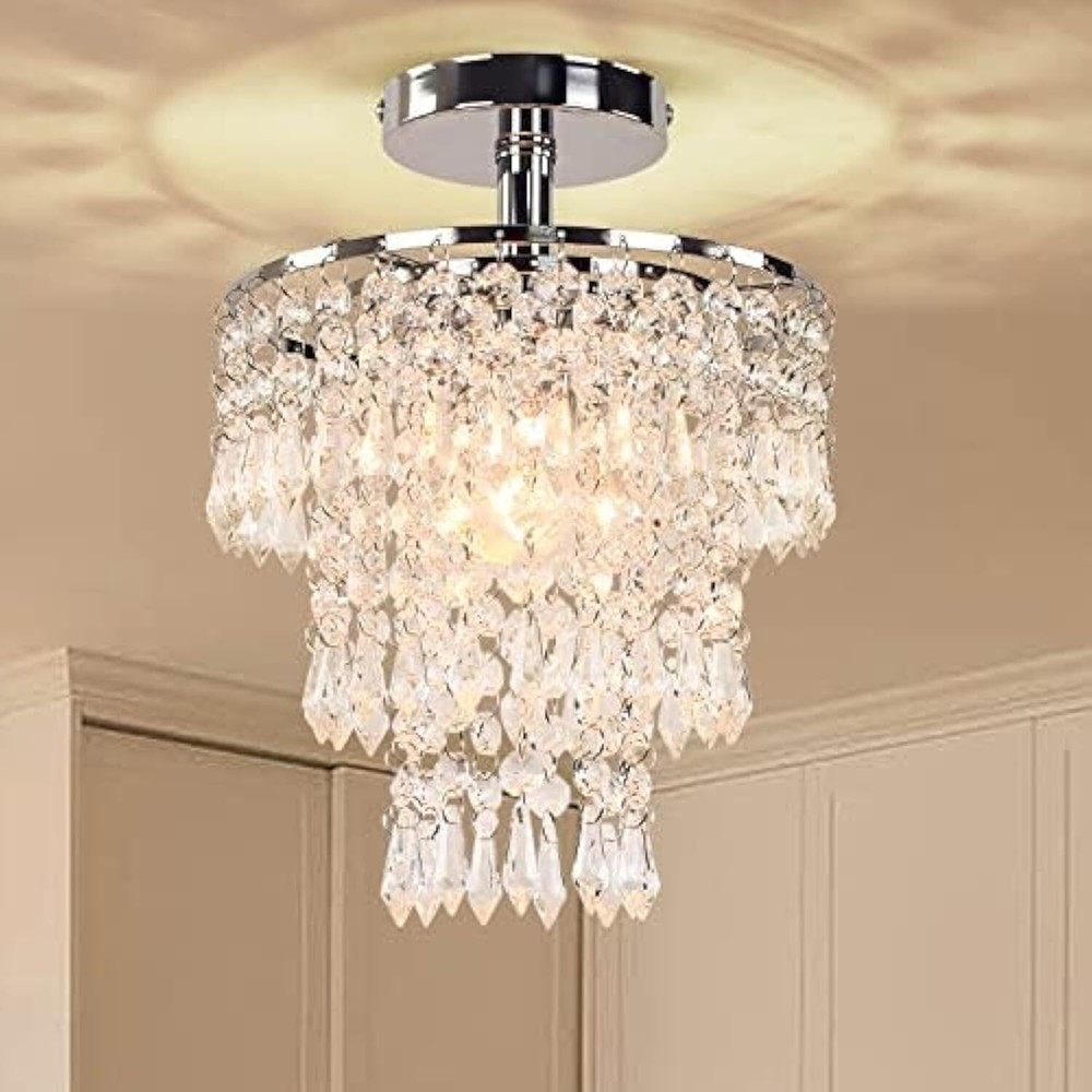 Small Crystal Chandelier Lighting Fixture LED Lights 3 Tiers Living Room Decor