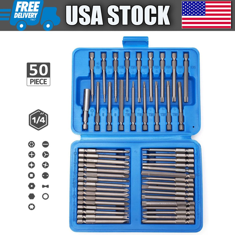 50Pcs Extra Long Security Bit Set with Hex Torx Star Spline Flat Screwdriver Bits
