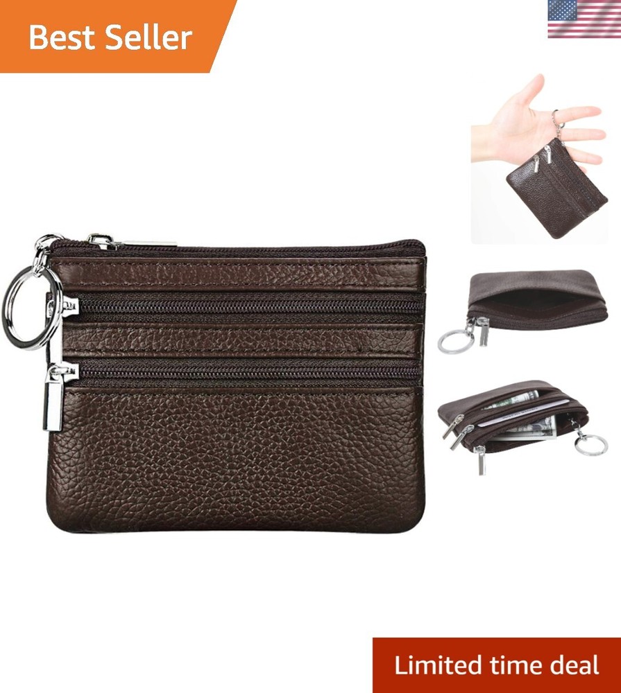 Elegant Womens Mini Leather Wallet with 3 Zippers & Keychain