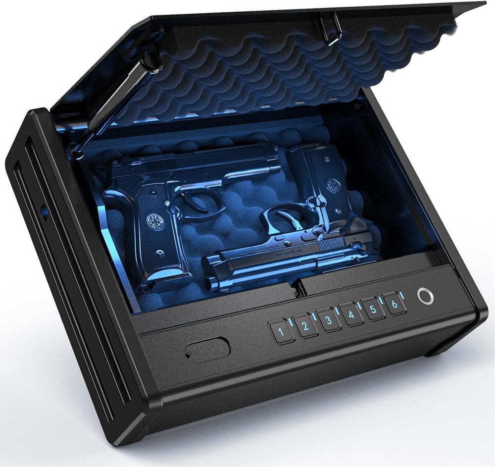 Biometric handgun safe, quick access, carbon steel, ideal for home or car use.-image