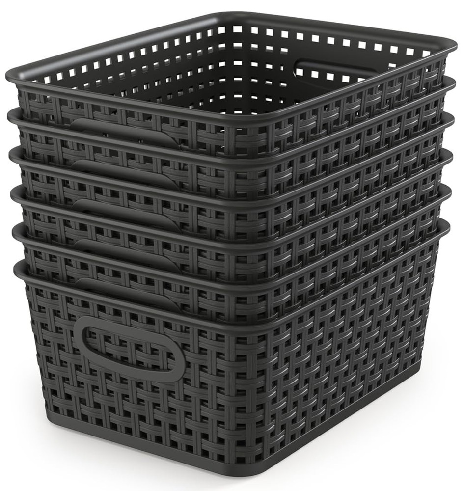 Woven Storage Organizer Basket, 6-Pack Black Plastic Weave Baskets, 10.1 x 7....