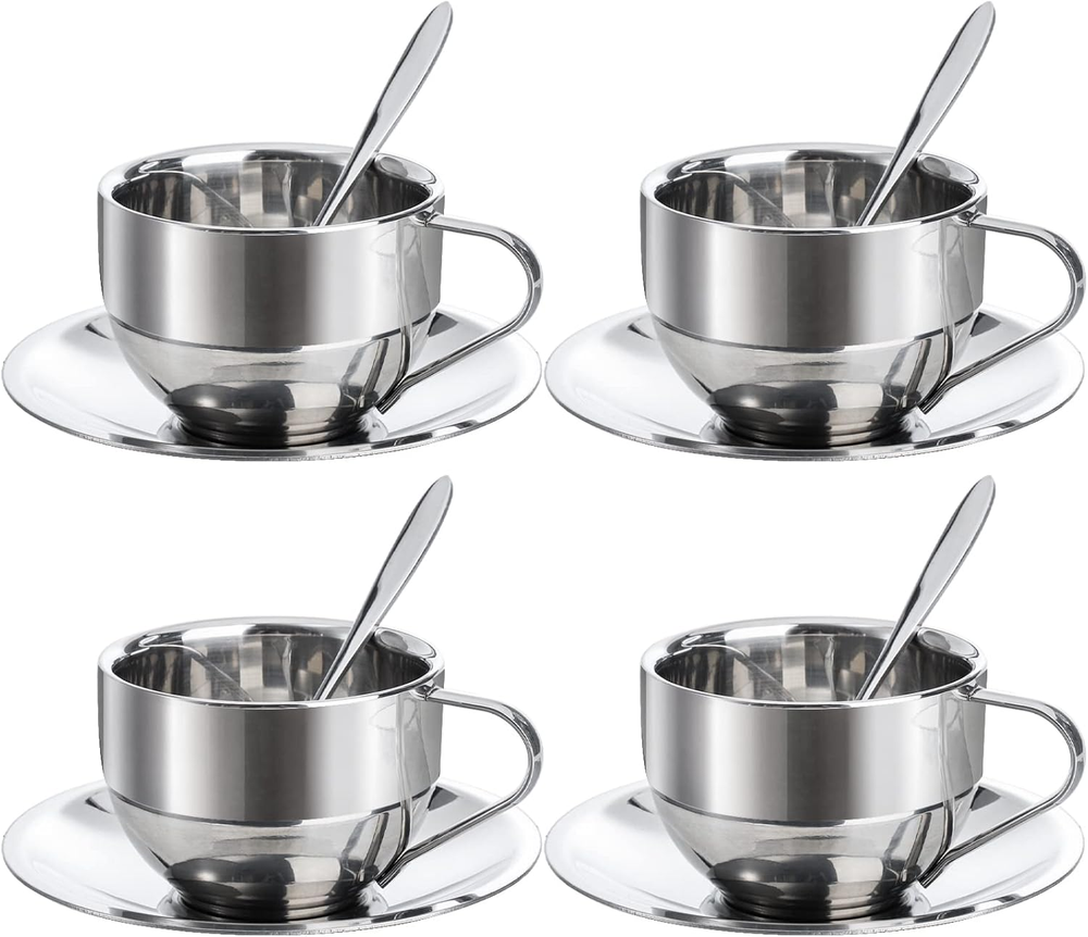 4 Pack Stainless Steel Coffee Cup Set, 6 Oz Coffee Mugs with Spoon and Saucer, D