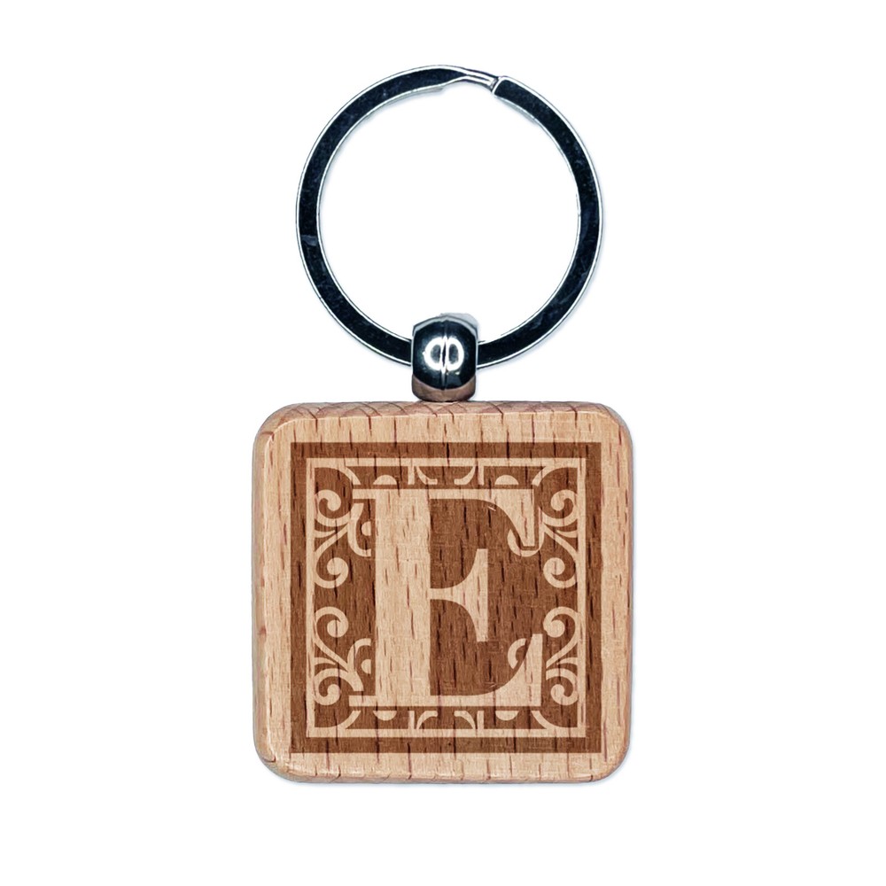 Monogram Swirls Letter E Engraved Wooden Square Keychain Charm Tag