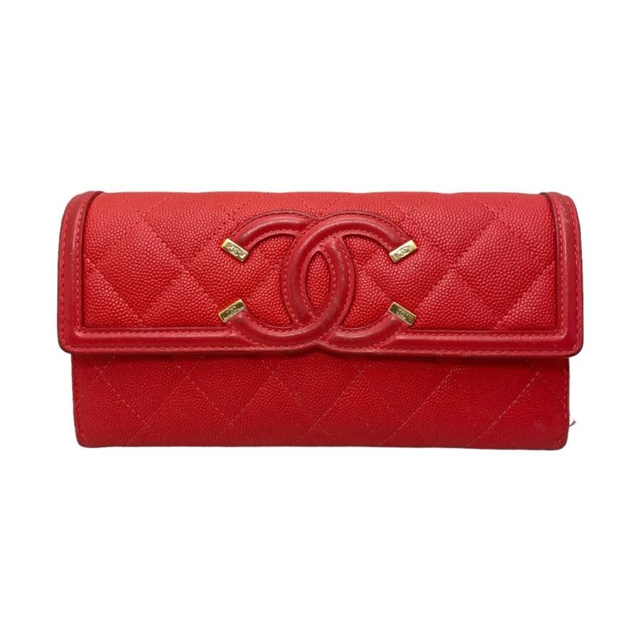 CHANEL Authentic Caviar Skin Red CC Filigree Matelassé Bifold Long Wallet