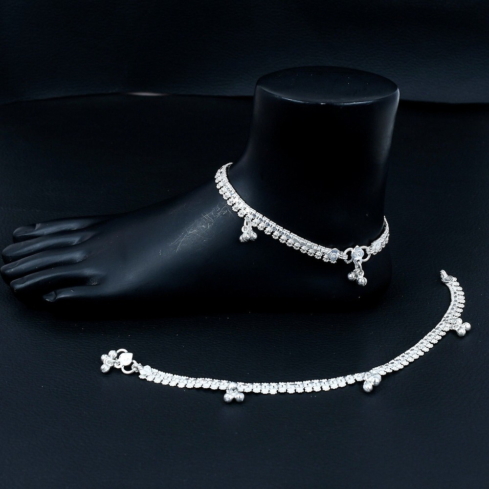 FINE SILVER Indian Payal 925 pure Silver Handmade Anklet Pair FREESHIP-image