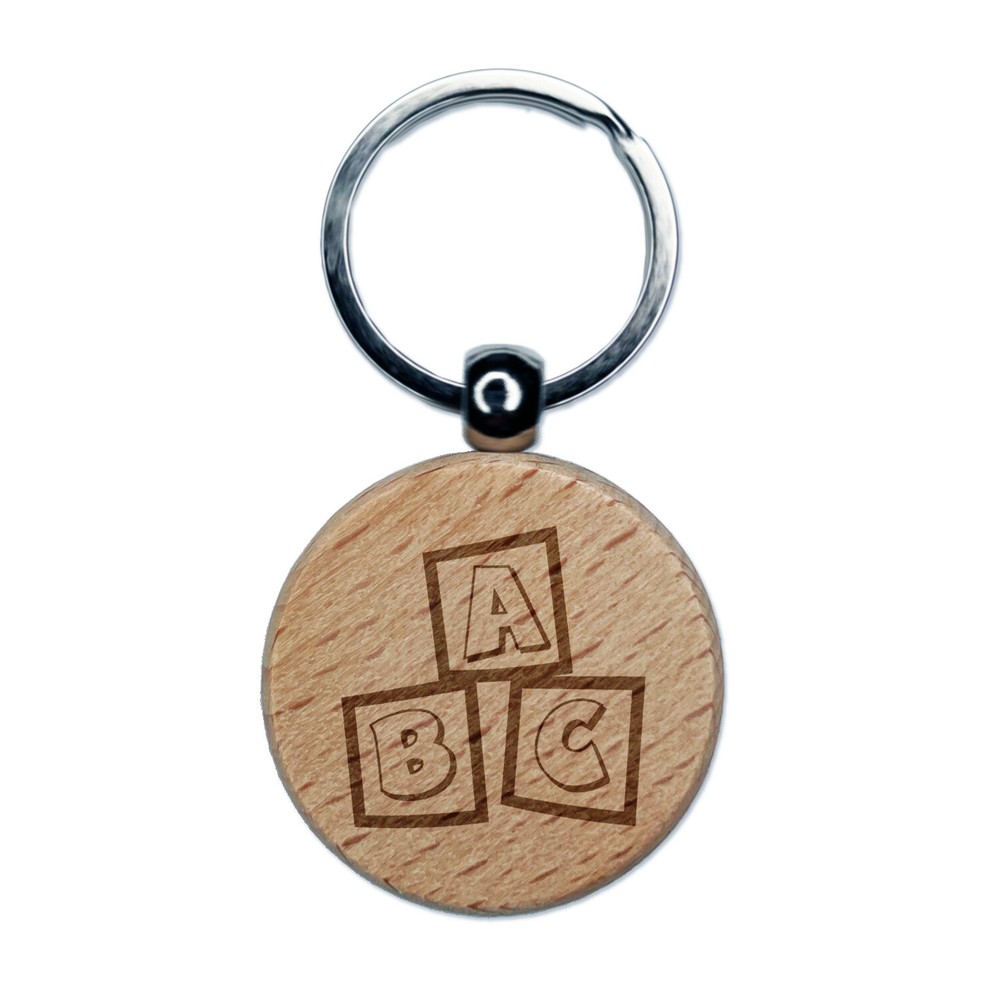 Wooden ABC Baby Blocks Keychain – Engraved Round Tag Charm for Kids  