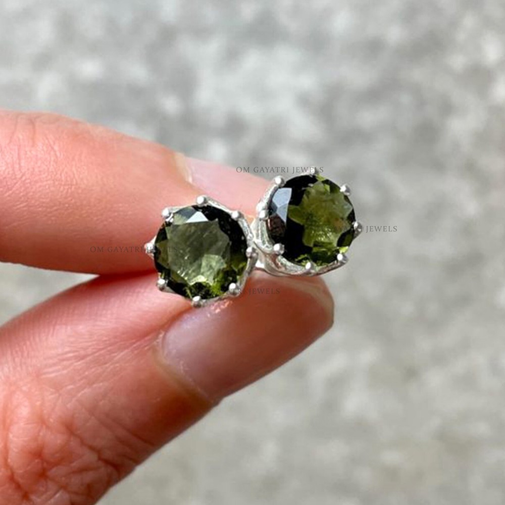 Natural Czech Cut Moldavite Stud Earrings 925 Streling Silver Handmade Jewelry