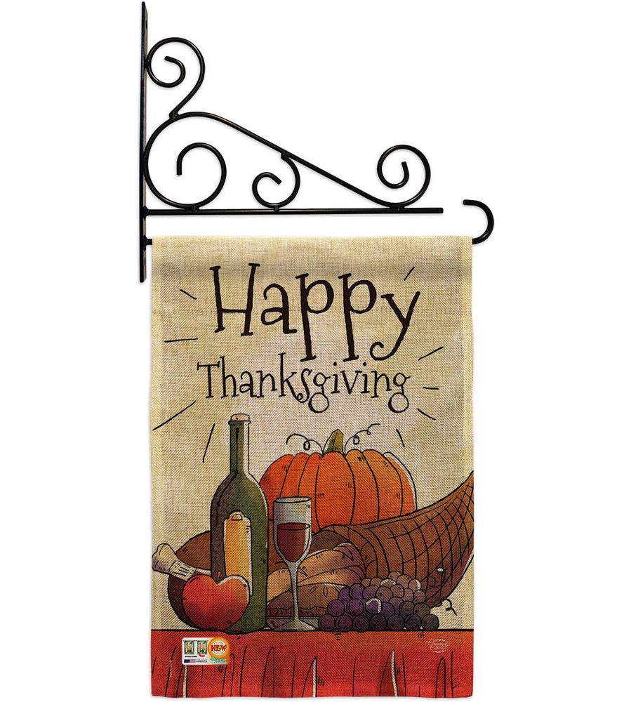 Happy Thanksgiving Garden Flag with Turkey Design and Wall Holder for Fall Decor