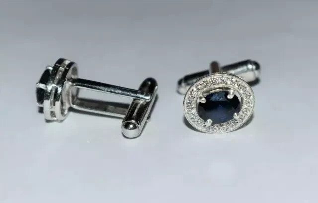 3.50Ct Oval Lab Created Sapphire Men's Wedding Cufflinks 14K White Gold Plated