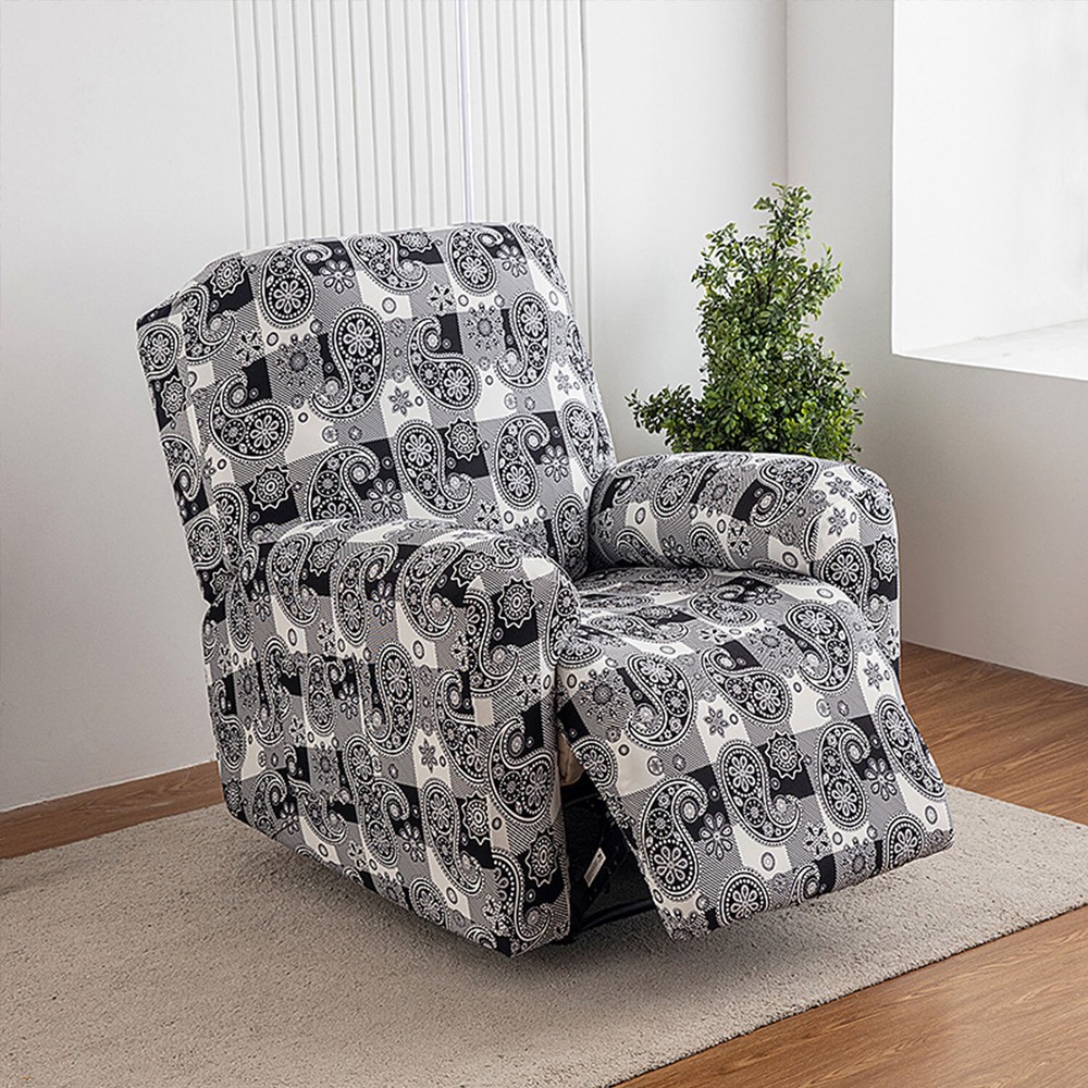 Printed stretch recliner cover, side pockets, home decor protection, stylish