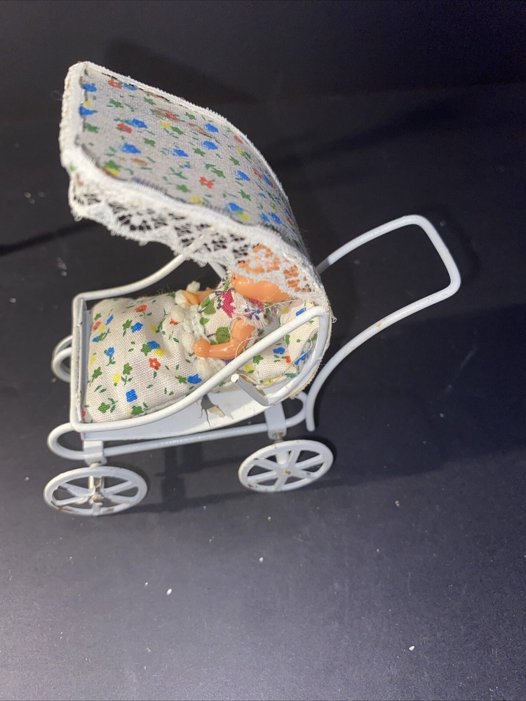Vintage Dollhouse Metal White Baby Stroller Miniature