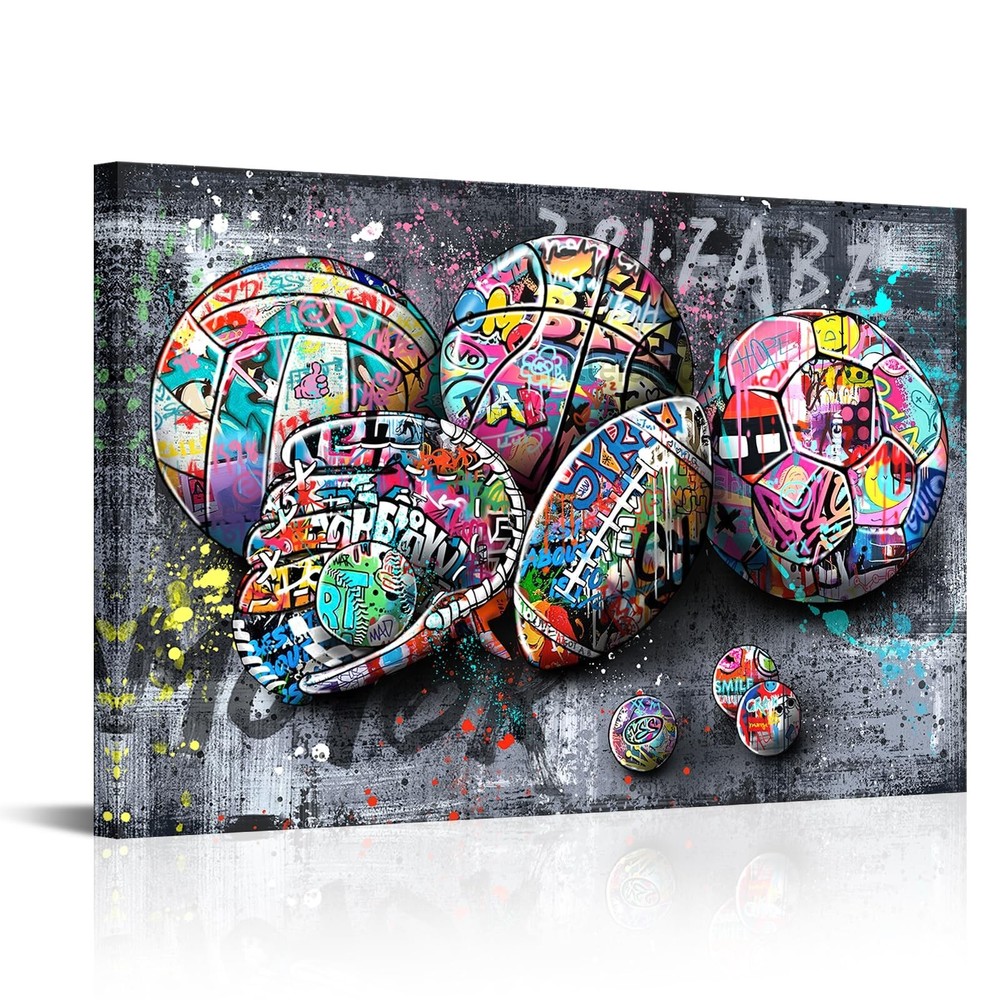 Conipit Sports Graffiti Canvas Wall Art Boys Room Wall Decor Colorful Basketb...