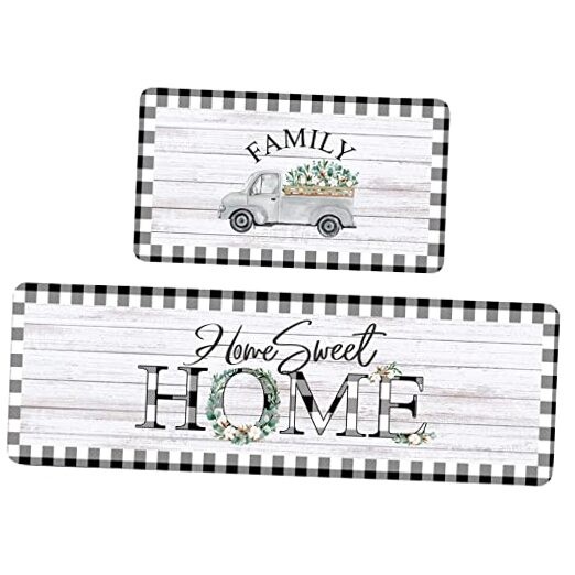 2-Piece Farmhouse Kitchen Rug Set Non-Slip Washable Country Style Black Mats