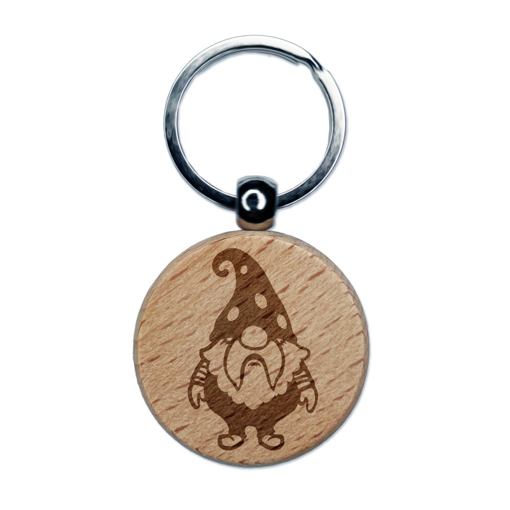 Cute Bearded Garden Gnome Engraved Wood Round Keychain Tag Charm