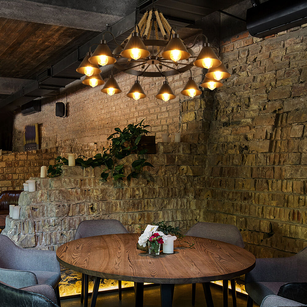 12-Lights Rustic Farmhouse Chandelier Industrial Pendant Hemp Rope Ceiling Lamp