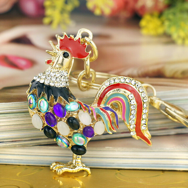 Women's Gold Tone Crystal Studded Rooster Keychain Multicolor Free Ship