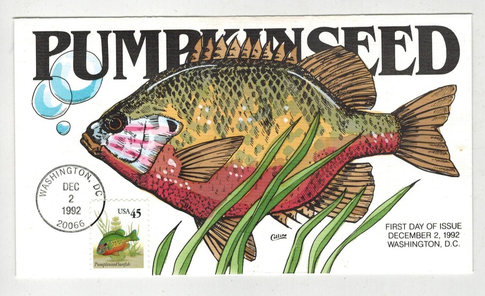 1991 COLLINS HANDPAINTED WILDLIFE FDC 2481 FISH PUMPKINSEED SUNFISH