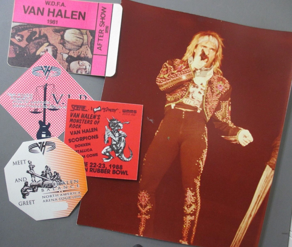 David Lee Roth concert photo + 4 satin cloth backstage passes AUTHENTIC OTTO VH!