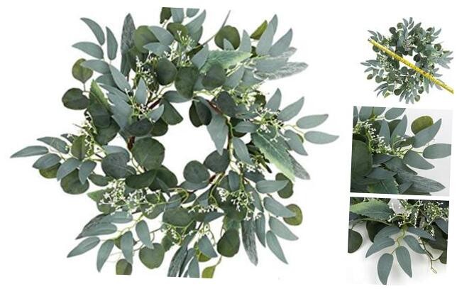 Artificial Green Eucalyptus Wreath,15 inches Greenery Wreath with Clusters of