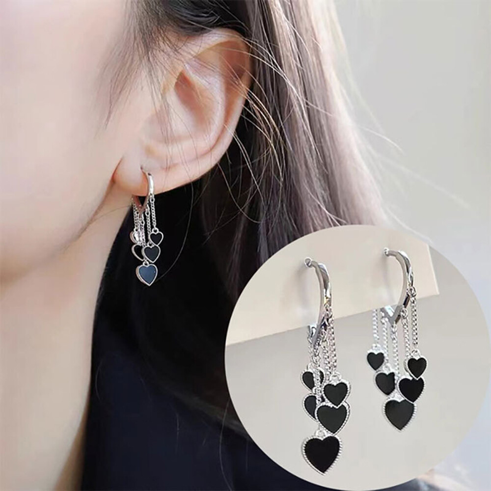 Black Heart Tassel Hoop Earrings for Women – Stylish Chain Drop Jewelry